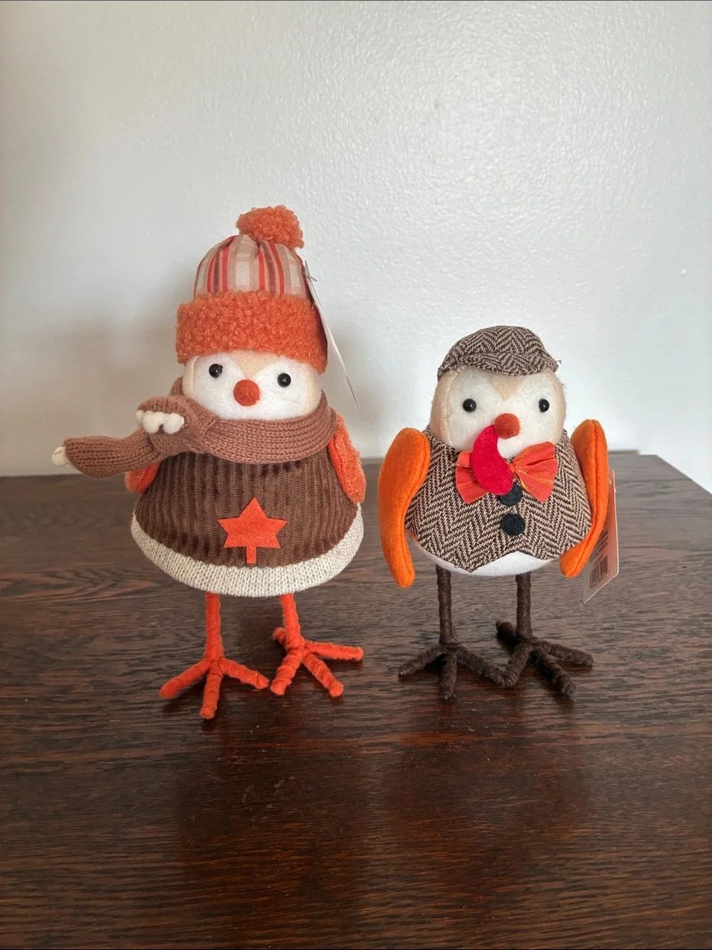 NWT- Set of 2- Festive Orange & Brown Decorative Fall Birds